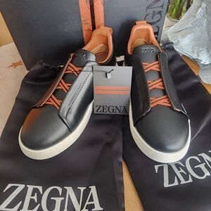 Zegna Men's Black Leather Sneakers with Brown Trim